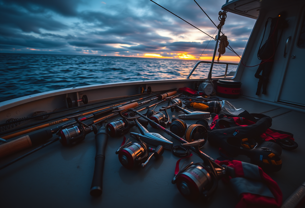 Offshore fishing gear laid out on a boat deck at dawn
