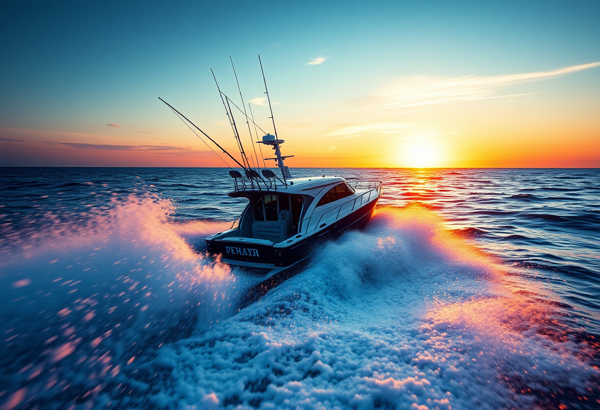 Sportfishing boat running through open ocean at dawn
